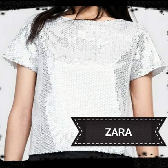 Zara Tops - ZARA basic white & silver sequin front semi-crop.